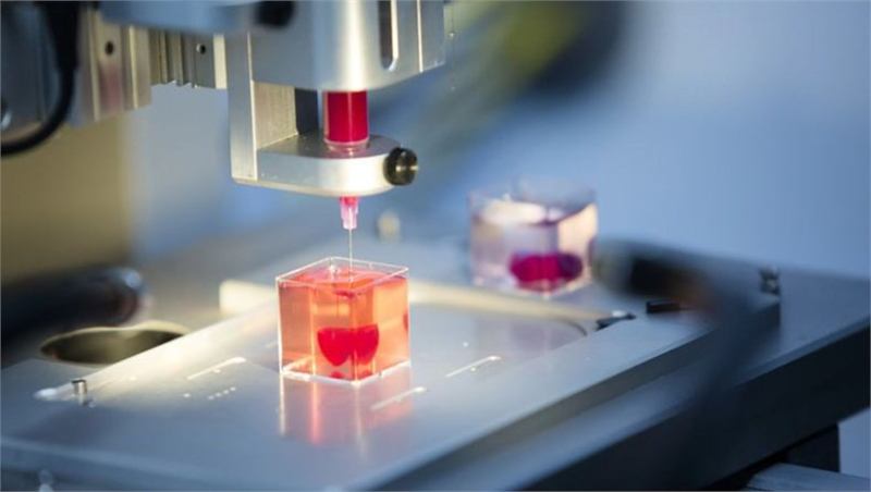 An extrusion bioprinter depositing red bioink into a transparent culture cube
