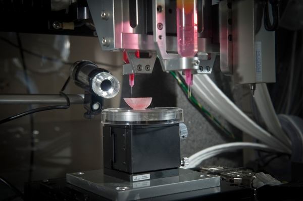 Bioprinter head depositing bioink onto a culture dish inside a sterile enclosure